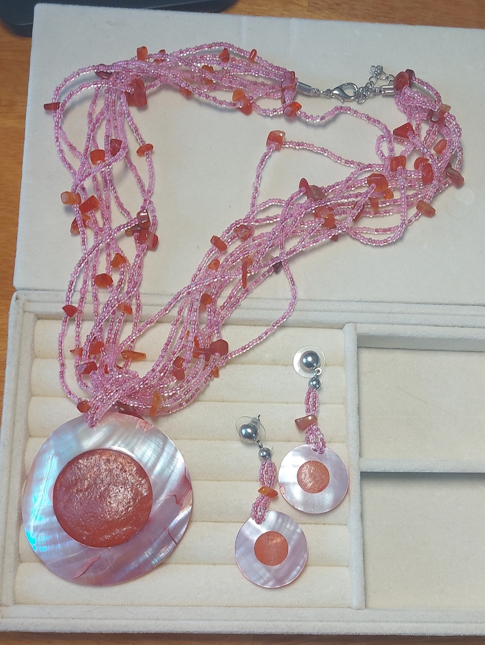Boho Mother of Pearl Shell Statement Set - Multi Strand Pink Necklace Earrings